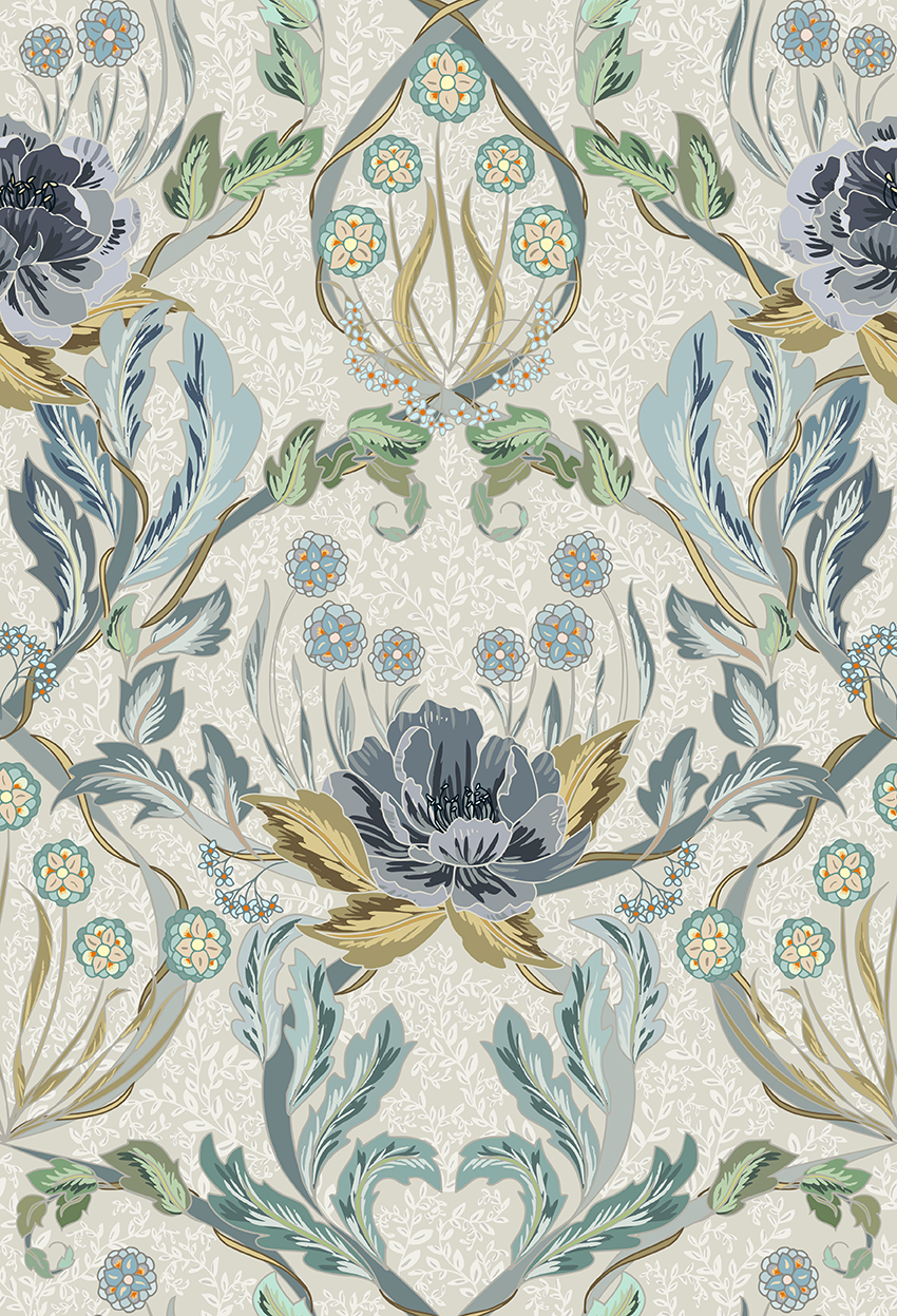 Floral Heritage Morris Blue peel and stick wallpaper room mockup
